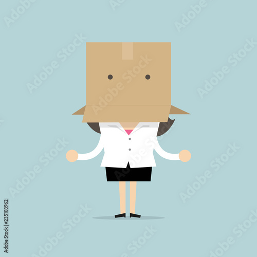 Businesswoman with a cardboard box on her head.