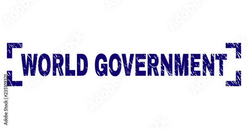 WORLD GOVERNMENT tag seal print with distress texture. Text caption is placed inside corners. Blue vector rubber print of WORLD GOVERNMENT with unclean texture.