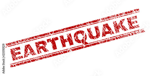 EARTHQUAKE seal imprint with grunge texture. Red vector rubber print of EARTHQUAKE text with grunge texture. Text title is placed between double parallel lines. photo