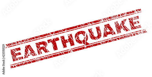 EARTHQUAKE seal imprint with grunge texture. Red vector rubber print of EARTHQUAKE text with grunge texture. Text title is placed between double parallel lines.