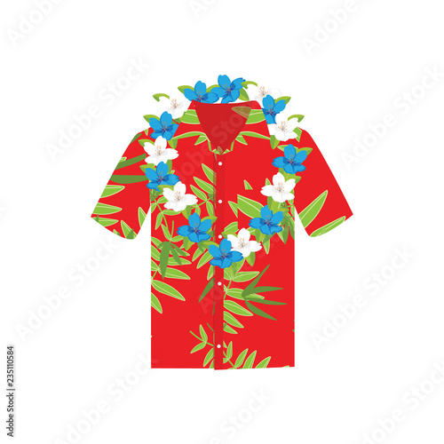 Vector illustration Hawaiian aloha shirt with flower wreath, necklace. Hawaii shirt aloha beach male cloth.