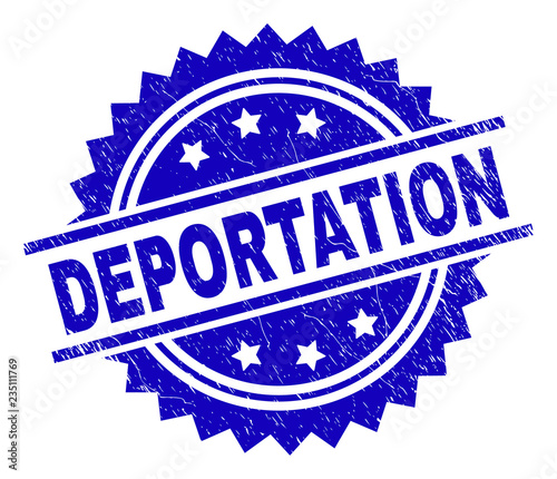 DEPORTATION stamp seal watermark with distress style. Blue vector rubber print of DEPORTATION tag with retro texture.