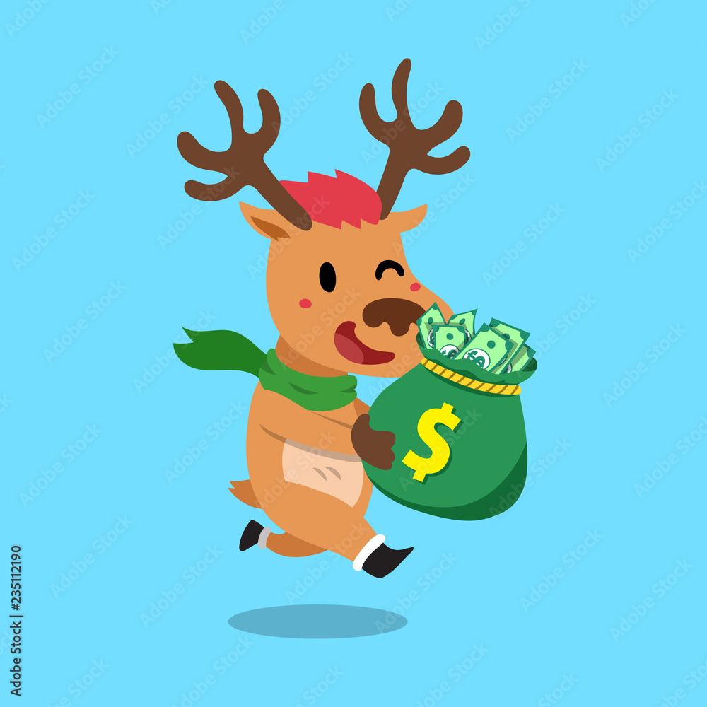 Fototapeta premium Vector cartoon christmas reindeer with money bag