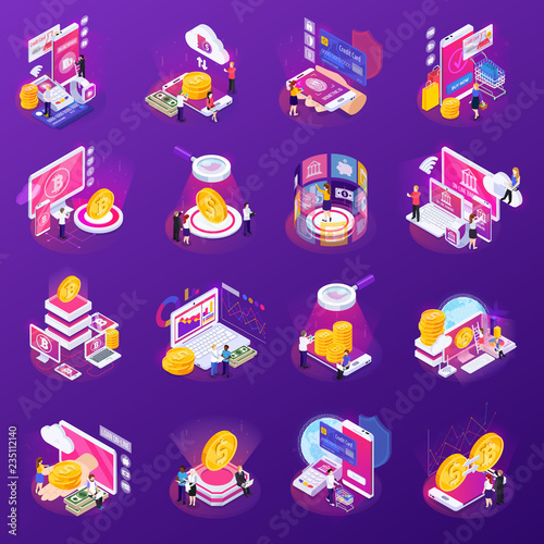 Financial Technology Glow Isometric Icons