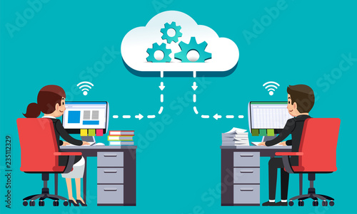 Worker Sharing information to collaborate in service internet or cloud service at general company.