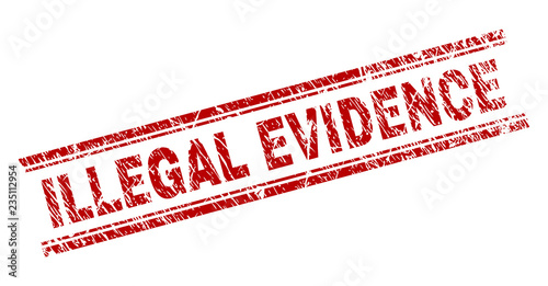 ILLEGAL EVIDENCE seal print with grunge style. Red vector rubber print of ILLEGAL EVIDENCE title with dust texture. Text title is placed between double parallel lines.