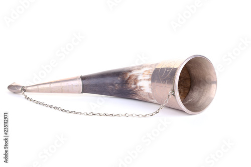 Old, silver horn for wine, made of bone. 