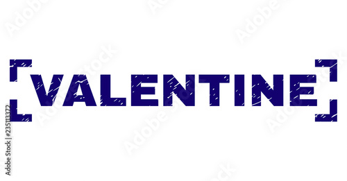 VALENTINE text seal watermark with grunge style. Text title is placed between corners. Blue vector rubber print of VALENTINE with grunge texture.
