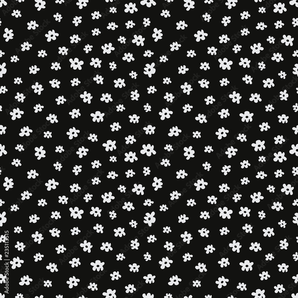 Seamless pattern with small flowers on a black background. Abstract background with white flowers. It can be used for websites, packing of gifts, fabrics, wallpapers. Vector illustration Seamless pattern with small flowers on a black background. Abstract background with white flowers. It can be used for websites, packing of gifts, fabrics, wallpapers. Vector illustration