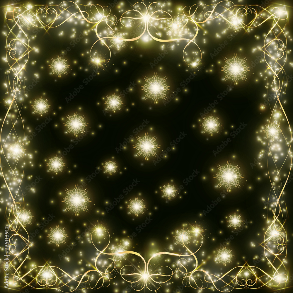 dark background with hearts and sparkles with falling golden snowflakes dark background with hearts and sparkles with falling golden snowflakes