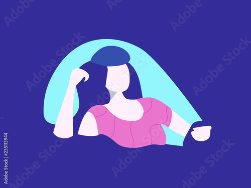 Woman or girl looking at the phone at the night. Internet addiction. Evening illustration. Flat. Lighting.
