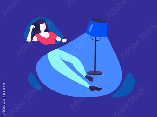 Woman or girl looking at the phone at the night. Internet addiction. Evening illustration. Flat interior. 