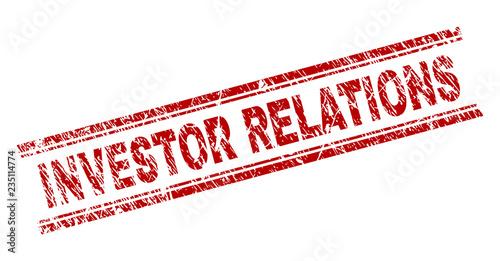 INVESTOR RELATIONS seal print with corroded texture. Red vector rubber print of INVESTOR RELATIONS caption with unclean texture. Text label is placed between double parallel lines.