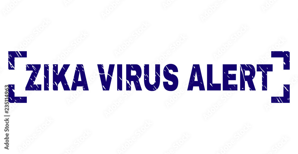 ZIKA VIRUS ALERT text seal imprint with grunge texture. Text label is placed inside corners. Blue vector rubber print of ZIKA VIRUS ALERT with dust texture.