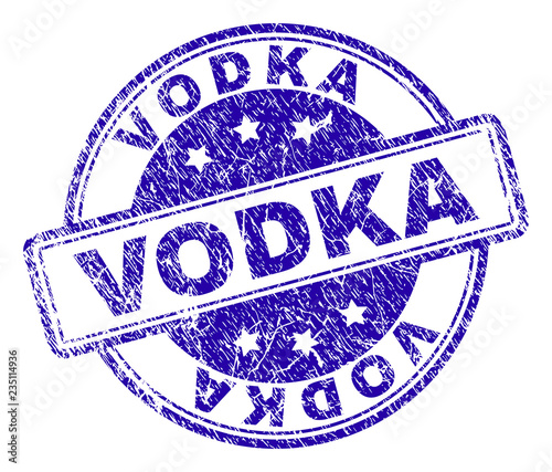 VODKA stamp seal watermark with distress texture. Designed with rounded rectangles and circles. Blue vector rubber print of VODKA text with corroded texture.