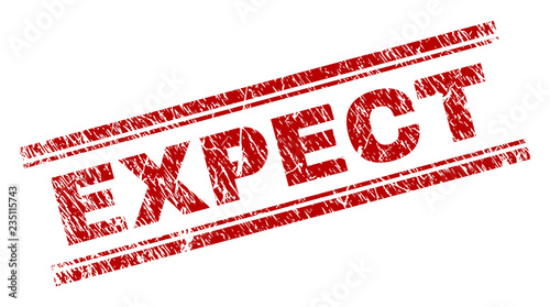 EXPECT seal print with corroded texture. Red vector rubber print of EXPECT text with unclean texture. Text title is placed between double parallel lines.