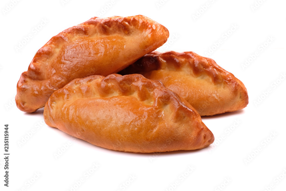Traditional Russian baked pies pirozhki. Isolated over white background