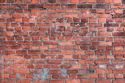 Background or Brickwork Texture Of Old Vintage Dirty Red Or Brown Brick Wall, Texture. Shabby Building Facade, Abstract Web Banner. Copy Space.