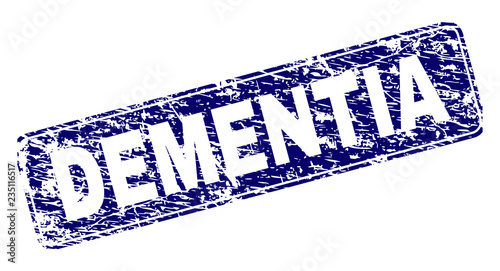 DEMENTIA stamp seal print with grunge texture. Seal shape is a rounded rectangle with frame. Blue vector rubber print of DEMENTIA caption with grunge texture.