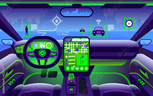 Autonomous smart car interior. Self driving at city landscape.