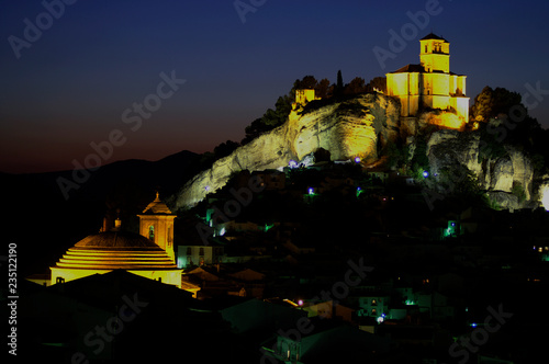 Montefrío (Granada) Spain. Night view of the Arab fortress of the fourteenth century and the village of Montefrío