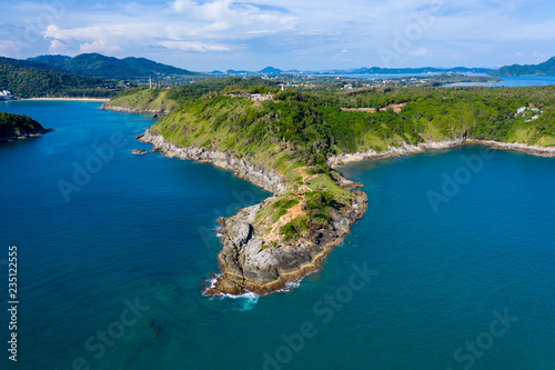 Aerial drone view of the beautiful Promthep Cape overlooking the Andaman Sea from Phuket island