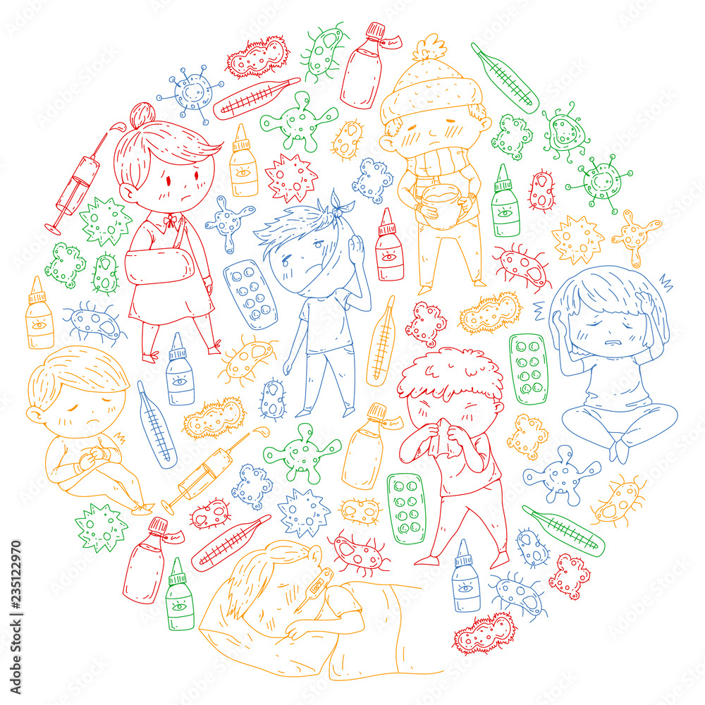 Children medical center. Healthcare illustration. Doodle icons with small kids, infection, fever, cold, virus, illness.