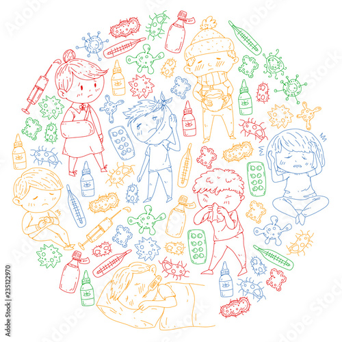 Children medical center. Healthcare illustration. Doodle icons with small kids, infection, fever, cold, virus, illness.