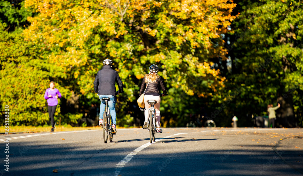 A couple are riding bicycles in the beautiful and colorful Central Park, Manhattan, New York, United States.
