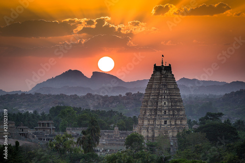 Landscape view of the ancient city of Vijayanagara with the Virupaksha Temple, Hampi, Karnataka, India  photo