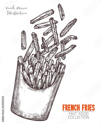 Cardboard box with french fries hand drawn sketch. Black outline engraving design fast food meal. Cooked fried potatoes in packed takeaway. Vector illustration isolated on white background