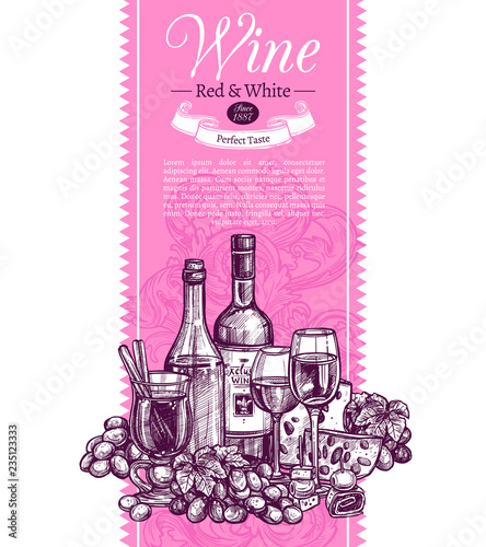 Banner invitation for tasting or purchase wine. Pink poster with sample text and hand drawn set - bottles, mulled wine, wineglasses, grapes and cheese. Vertical card for presentation beverage