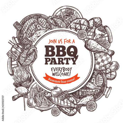 Round poster with collection of bbq grilled food. Barbecue hand drawn engraving sketch illustration. Leaflet for bars, restaurants, grill cafes and themed sites and applications. Vector