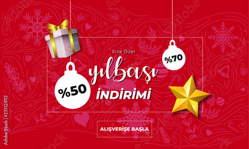 Christmas Sale Concept. 50 and 70 percent discounts written in baubles. Size Ozel Yilbasi   ndirimi - Alisverise Basla  Translation  Exclusive New Year Sale - Start Shopping in Turkish 