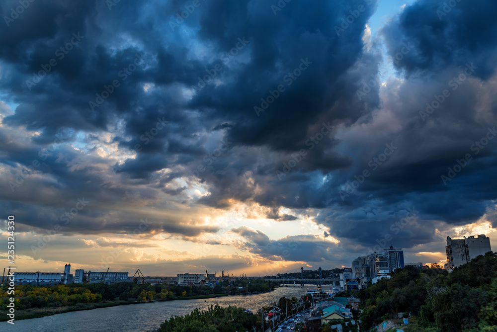 Panorama of Rostov-on-Don, Russia and river Don with cloudy sky