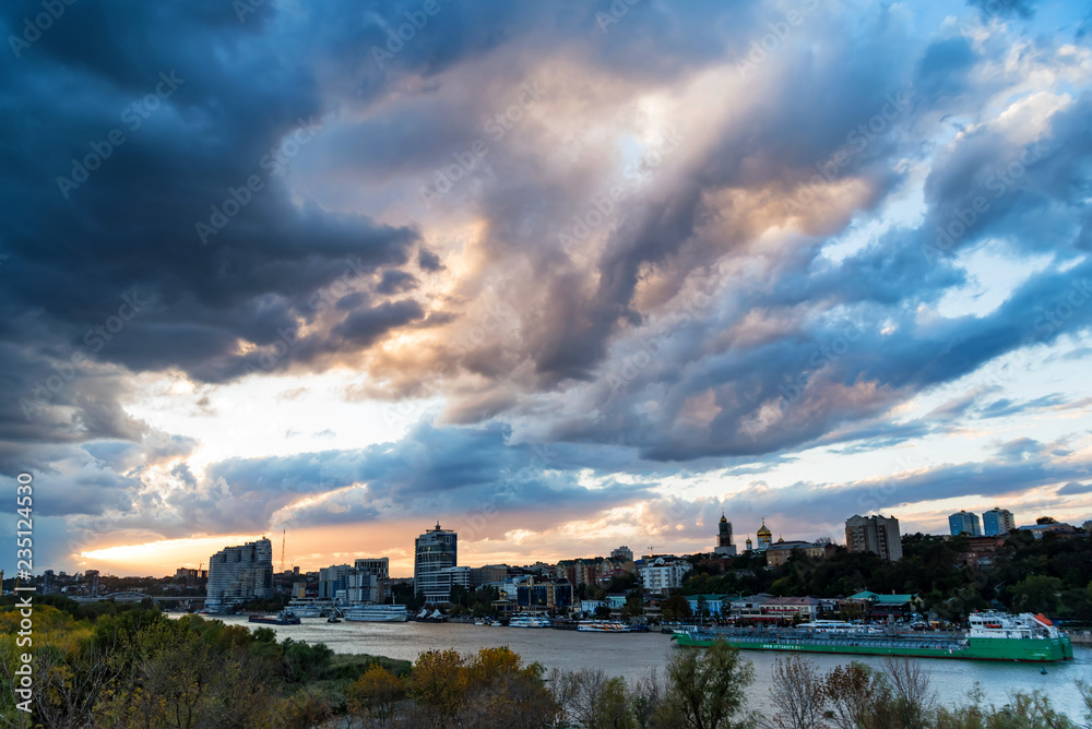 Panorama of Rostov-on-Don, Russia and river Don with cloudy sky