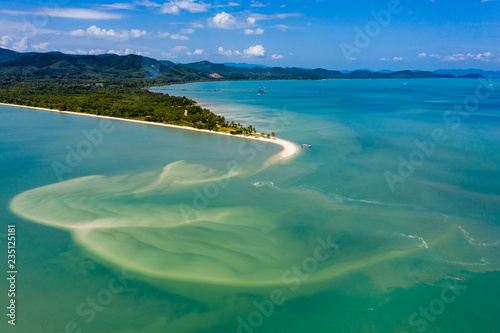 Aerial drone view of a beautiful sandy beach and tropical ocean (Laem Haad, Koh Yao Yai, Thailand)