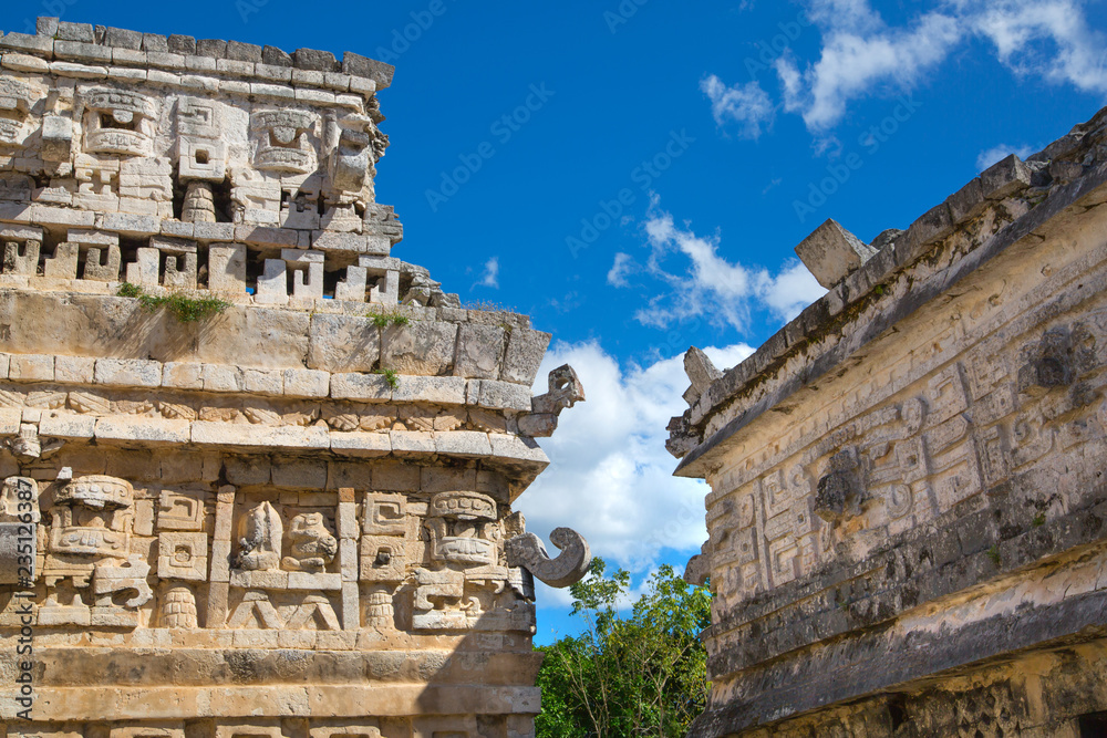 Mexico, Yucatán - February 15, 2018: Mexico, Chichen Itza. Detail of decorative band of temple. Ruins of the private yard, possibly belonged to the royal family