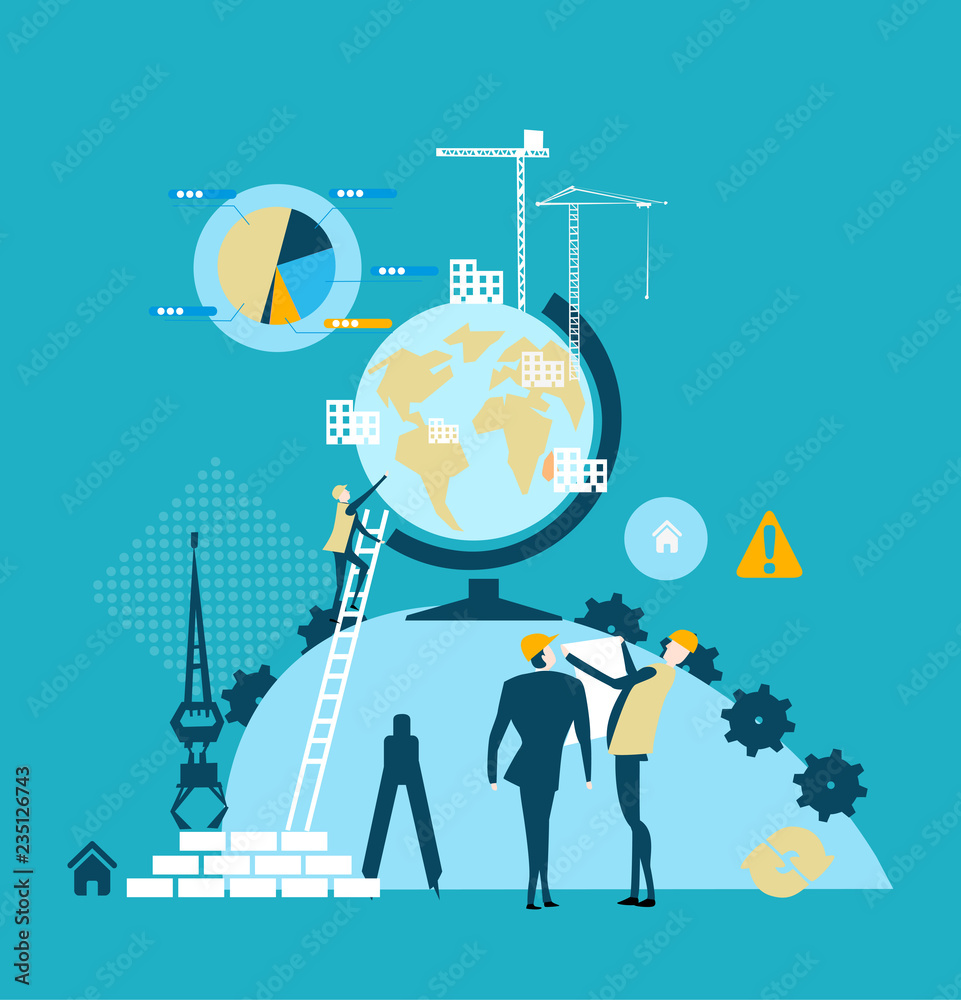 Building construction site covering the planet. Two businessmen looking on developing map Building construction site covering the planet. Two businessmen looking on developing map