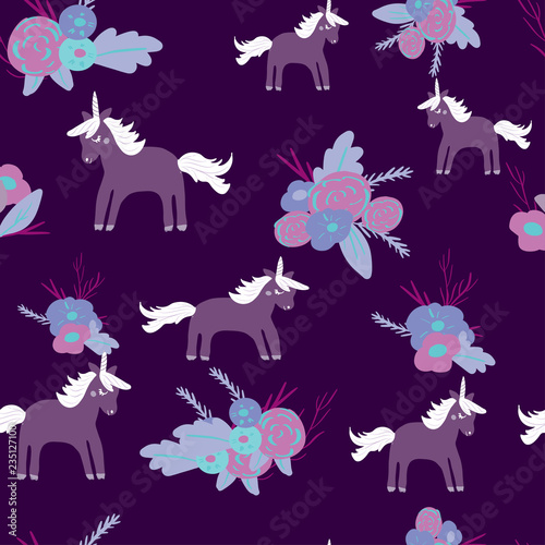 Cute magic Unicorns on a floral background. Seamless pattern