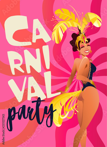 Brazilian samba posters. Carnival in Rio de Janeiro dancers wearing a festival costume is dancing. Vector illustration.
