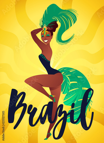 Brazilian samba posters. Carnival in Rio de Janeiro dancers wearing a festival costume is dancing. Vector illustration.