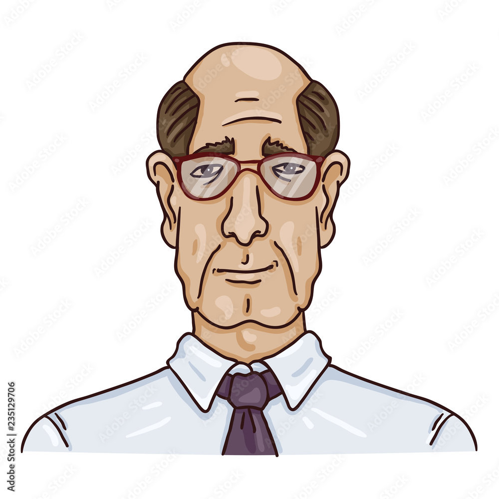 Vector Cartoon Business Avatar - Bald Old Man in Shirt and Eyeglasses.