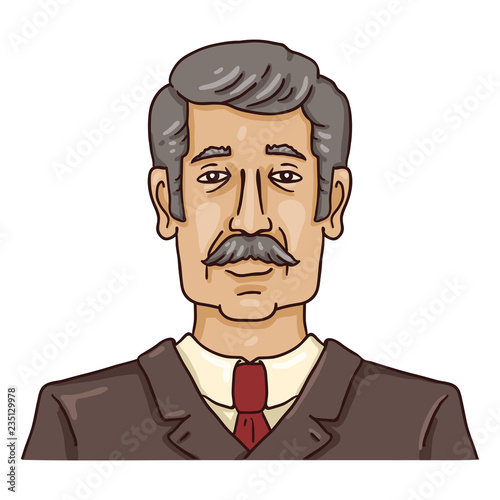 Vector Cartoon Business Avatar - Gray-haired Man with Moustache in Brown Suit.