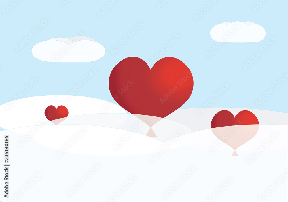 Balloons in the shape of hearts are flying among the clouds, delivering love letters.