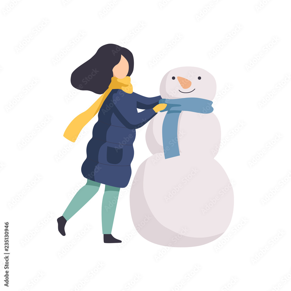 Obraz premium Happy girl making snowman, winter time activities vector Illustration on a white background