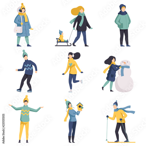 Winter time set, people dressed in outerwear walking, skiing, ice skating, making snowman vector Illustration on a white background