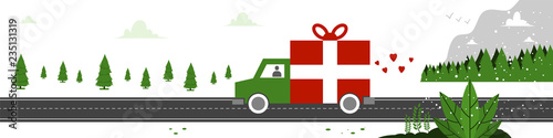 Christmas shipping. Vector concept illustration of holiday delivery with gift truck and winter landscape.