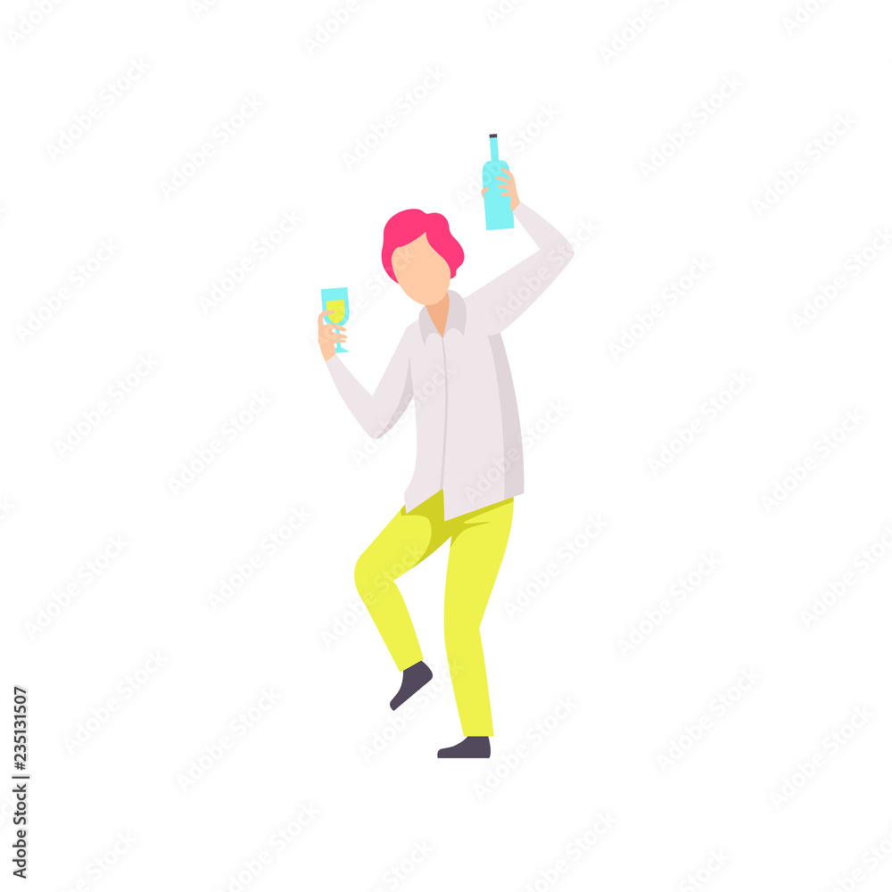 Guy dancing and drinking beer at party, young man having fun at nightclub vector Illustration on a white background Guy dancing and drinking beer at party, young man having fun at nightclub vector Illustration on a white background