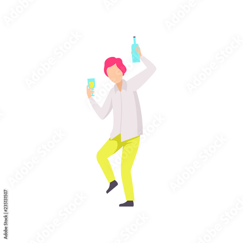 Guy dancing and drinking beer at party, young man having fun at nightclub vector Illustration on a white background